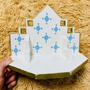 Exposure real wooden shelf blue gold white painted details display piece…